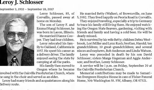 Obituary for Leroy J. Schlosser, 1932-2017 (Aged 85)